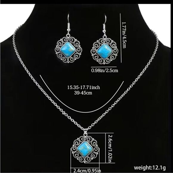 Vintage Style Turquoise Silver Tone Dangle Earrings And Pendant Necklace Set NWT - Picture 2 of 5